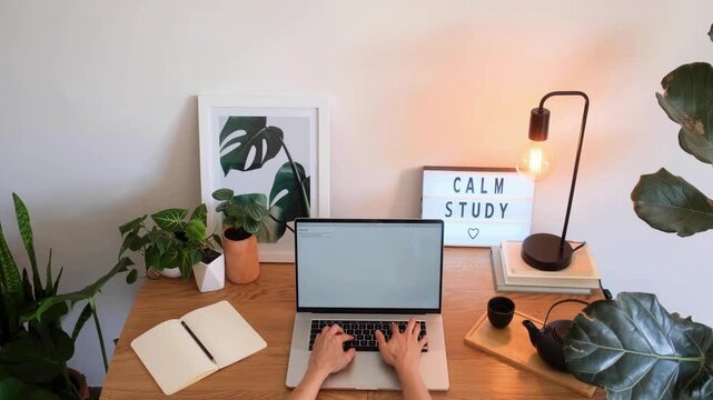 Hands Typing on Laptop at Study Table Wooden Workspace Home Office Setup Productivity Remote Work Digital Technology Writing Research Modern Lifestyle Interior 4K Video