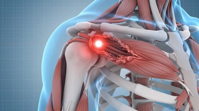 Extreme close up shoulder pain red glow inflammation medical emergency concept. 4K Video