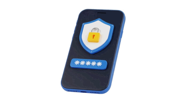 Vector illustration&nbsp;of 3d smartphone with security shield icon and password input field on a transparent background