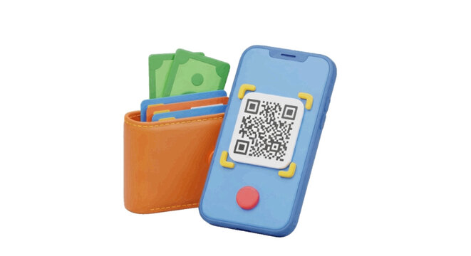 Vector illustration&nbsp;of 3d render of a smartphone with a qr code and a wallet with cash and cards on a transparent background