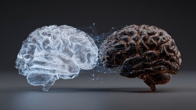 Digital illustration of two human brains connected by lines and dots symbolizing neural connectivity and communication