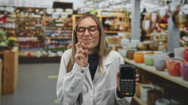 Young hispanic woman holding a payment terminal and smiling with eyes closed while fingers crossed in a pottery shop; hope.