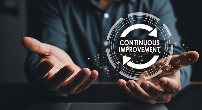 Man presenting continuous improvement concept with hands and glowing circular arrows