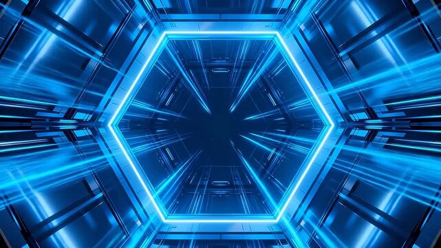 Hexagonal sci-fi tunnel with blue neon light structure