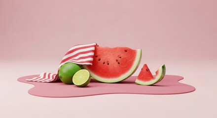Vibrant still life with watermelon and lime on a pink liquid surface