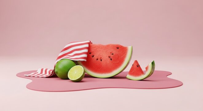 Vibrant still life with watermelon and lime on a pink liquid surface