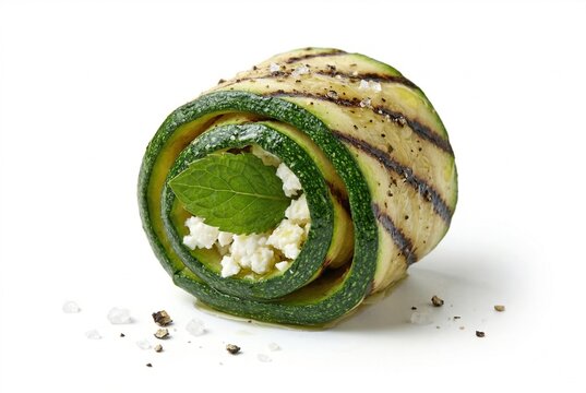 Grilled zucchini roll with feta cheese and mint isolated on white