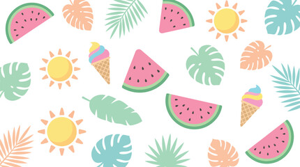 Summer tropical pattern with watermelon slices and ice cream cones. Features various palm leaves and bright sun icons. Flat vector illustration for seasonal backgrounds and vacation themes. © Muhammad