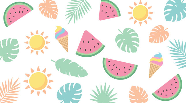 Summer tropical pattern with watermelon slices and ice cream cones. Features various palm leaves and bright sun icons. Flat vector illustration for seasonal backgrounds and vacation themes.