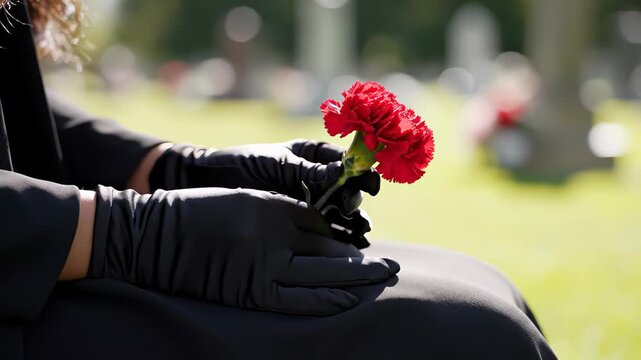 Grieving woman wearing black gloves and dress holding a single red carnation flower while sitting in a cemetery, mourning the loss of a loved one during a somber funeral service