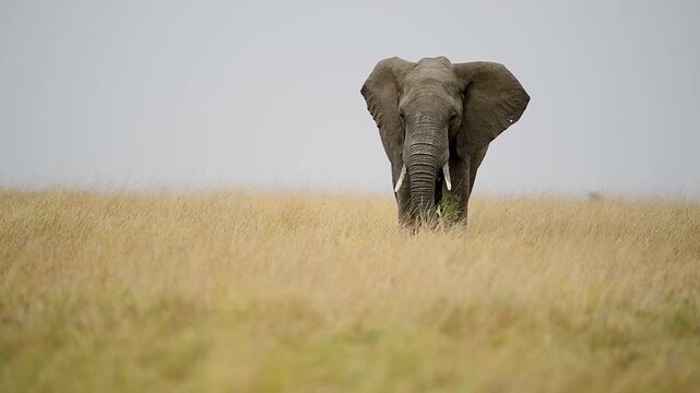 Large bull elephant walking through the long grass in the savanna wildlife footage.