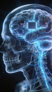 3D medical visualization of human brain integrated with computer microchips and AI neural network circuits in transparent skull