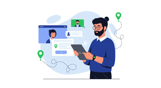 Man with Tablet Interacting with Virtual Assistants and Location Pins