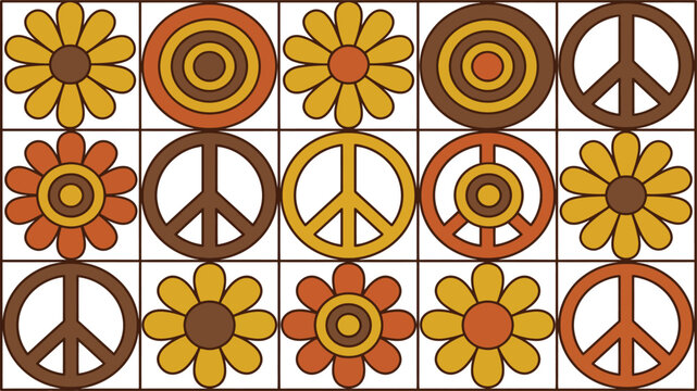 Retro 70s pattern featuring peace signs and daisy flowers. This groovy illustration showcases a vintage aesthetic with warm earthy tones. Ideal for nostalgic designs and themed projects.