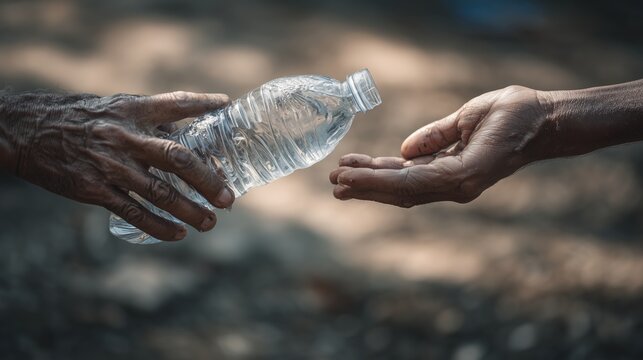 Hands giving water bottle, close-up humanitarian aid concept.Ideal for themes of humanitarian aid, poverty reduction, charity, and global cooperation, including United Nations Sustainable Development.