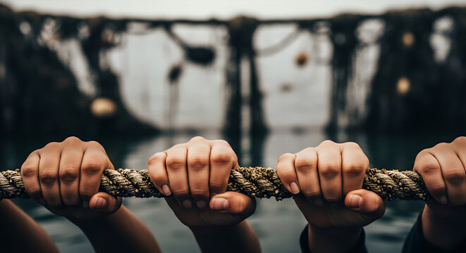 Multiple hands tightly hold onto a rough maritime rope, symbolizing collective strength and unity with a blurred watery backdrop.