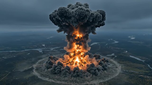 Devastating atomic bomb detonating over a vast landscape, producing a massive fiery explosion and a dark mushroom cloud, symbolizing nuclear war, doomsday, and mass destruction