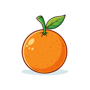 Vibrant cartoon orange fruit with a green leaf and stem on a clean white background