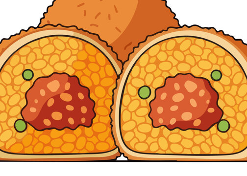 Cartoon illustration of a cut meat pie.