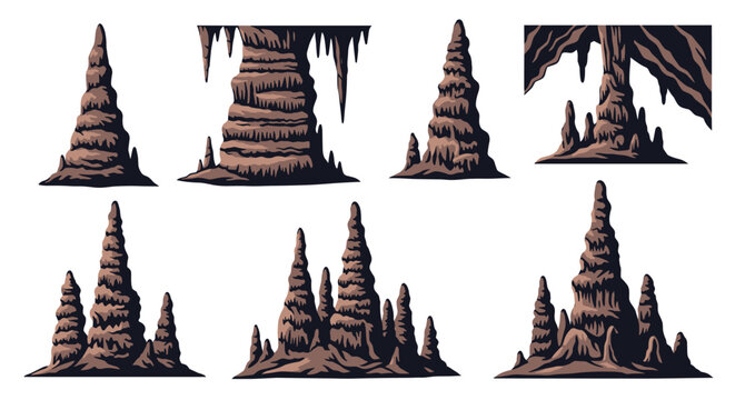 Set of various cave rock formations including stalactites and stalagmites in a dark underground cavern environment for game backgrounds.