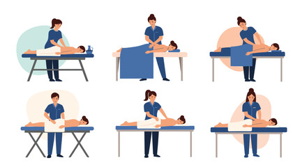 Fototapeta premium Set of professional massage therapy sessions showing various techniques and positions for relaxation and wellness treatments in a spa clinic.