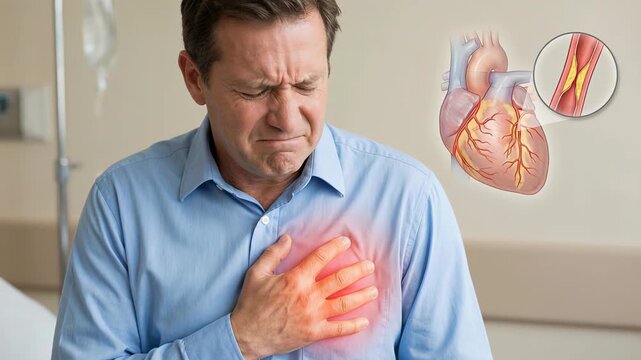 Medical animation showing a middle aged man suffering from acute chest pain due to a heart attack, with a diagram illustrating atherosclerosis and blocked coronary artery with cholesterol plaque