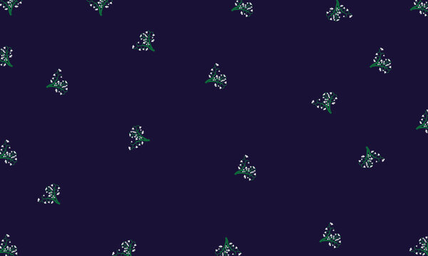 Minimal Seamless Lily of the Valley Floral Pattern on Navy Background. A clean and minimal seamless pattern showcasing lily of the valley flowers arranged across a deep navy background.