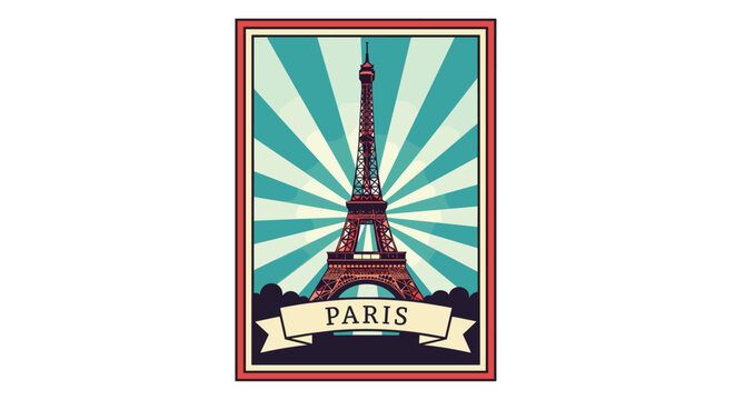 Vintage style travel poster of paris featuring the iconic eiffel tower against a blue and beige sunburst background with a decorative banner.