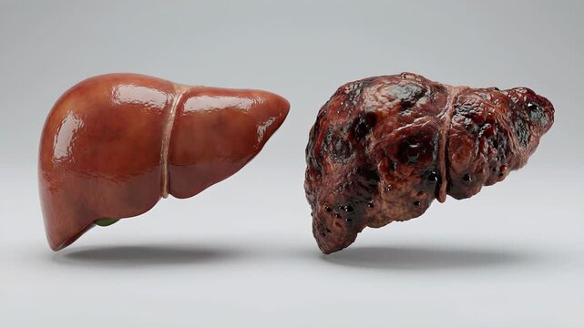 Medical comparison between a healthy, functioning liver and a diseased, cirrhotic liver that is slowly dissolving and falling apart, isolated on a clean white background for educational purposes