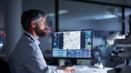 Fototapeta premium Advanced Laboratory Research: Male Scientist in Collaborative Teamwork, Analyzing Medical Data on Screens for Innovative Healthcare Solutions
