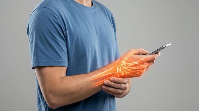 Man suffering from wrist pain, tendonitis, and carpal tunnel syndrome while using a smartphone, with a transparent view of the hand and arm bones showing the inflamed area in red