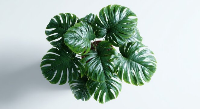 Top view of a potted monstera plant with large, glossy, split leaves