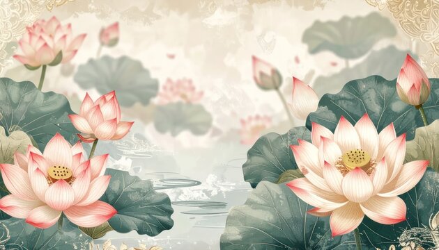 Serene Lotus Flowers Blooming in a Tranquil Pond with Soft Hues.
