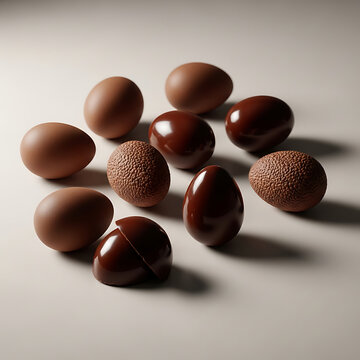A delightful assortment of rich, smooth chocolate Easter eggs, some plain and others with textured surfaces, arranged artfully on a neutral background, perfect for festive celebrations