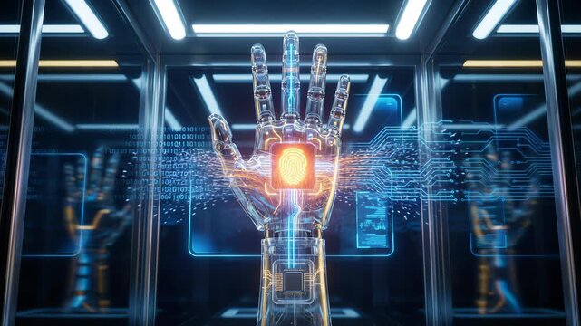 Advanced robotic hand inside a glass container undergoing a futuristic fingerprint scan for biometric identification, with glowing circuit boards and binary code data streams in a high tech lab