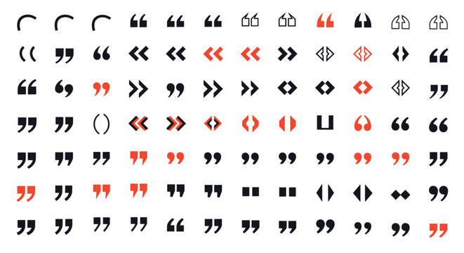 Comprehensive variety of quotation mark symbols in different shapes, styles, and colors for typography and editorial design layouts.