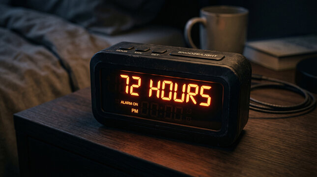 Dark bedroom with glowing digital clock showing "72 HOURS"