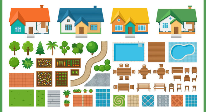 Colorful collection of illustrated houses trees and outdoor elements