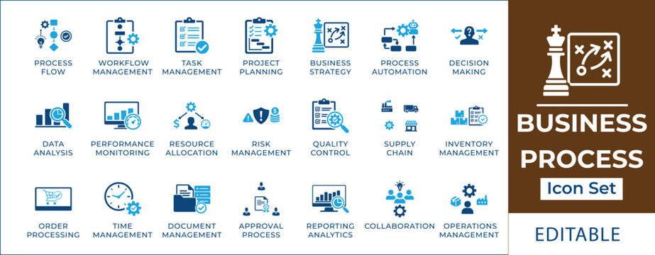 Business process icon set featuring strategic planning, workflow optimization, project management, supply chain, financial auditing, and automation symbols for corporate efficiency.