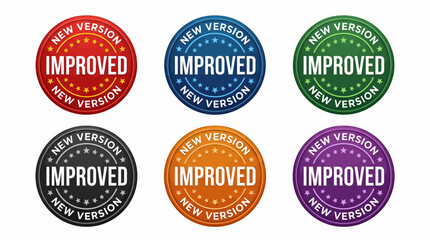 Fototapeta premium Glossy Colorful Badges Displaying New Version Improved Labels, Promotional Graphics For Product Updates, Software Releases And Marketing Campaigns
