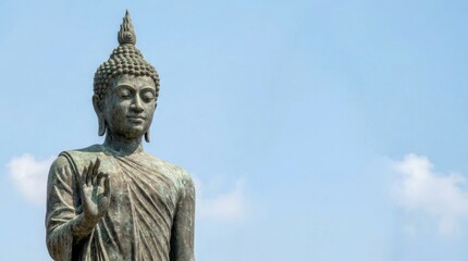 Obraz premium Bronze Buddha statue with raised hand against a bright blue sky sculpture religious