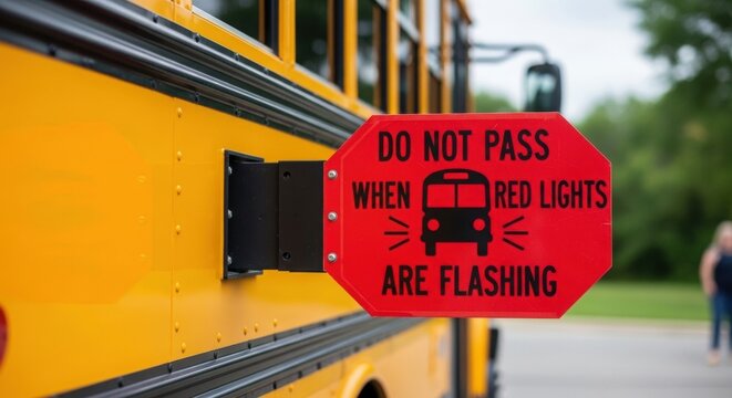 School bus stop arm safety a red octagonal sign warns drivers to halt when flashing lights activate