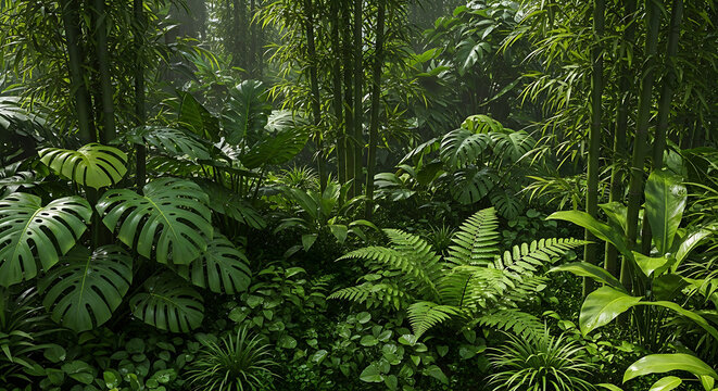 Lush tropical foliage with monstera and ferns digitally rendered on transparent background
