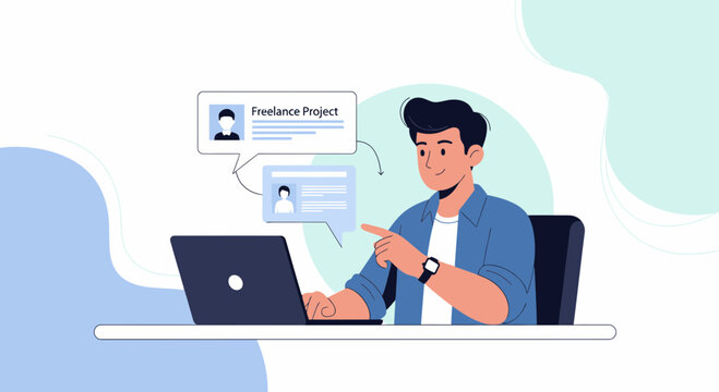 Freelancer working on laptop, project management, remote work, online job, digital nomad concept