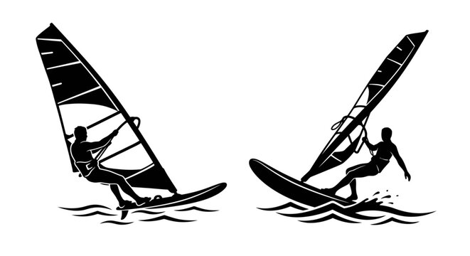 Windsurfers in action a dynamic black and white illustration of water sports