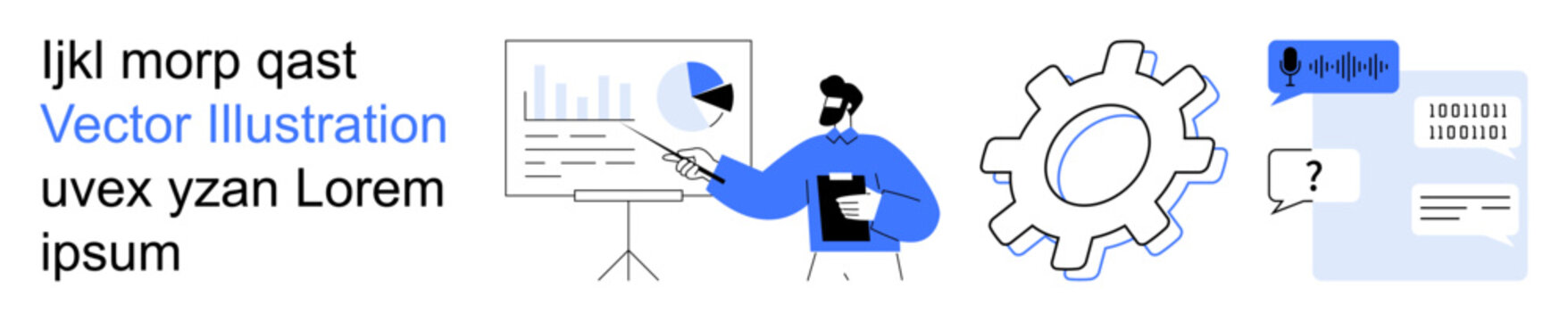 Business strategy, data presentation, productivity, technology tools, problem-solving, software concepts. A person analyzing charts with gear icons and tech elements. Business strategy and data
