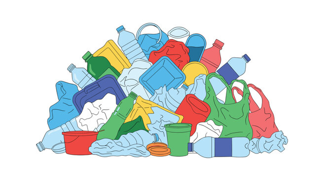 Large pile of plastic waste consisting of discarded bottles, bags, and containers highlighting the environmental issue of pollution.