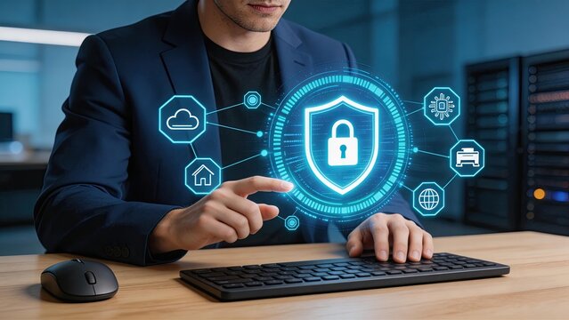 Cybersecurity concept man touching digital shield with lock icon data protection network security cloud computing privacy firewall antivirus business technology server room