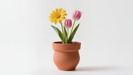 Obraz premium Terracotta pot with colorful flowers isolated on white background