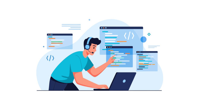 Programmer working on laptop with code on screens, coding and development concept